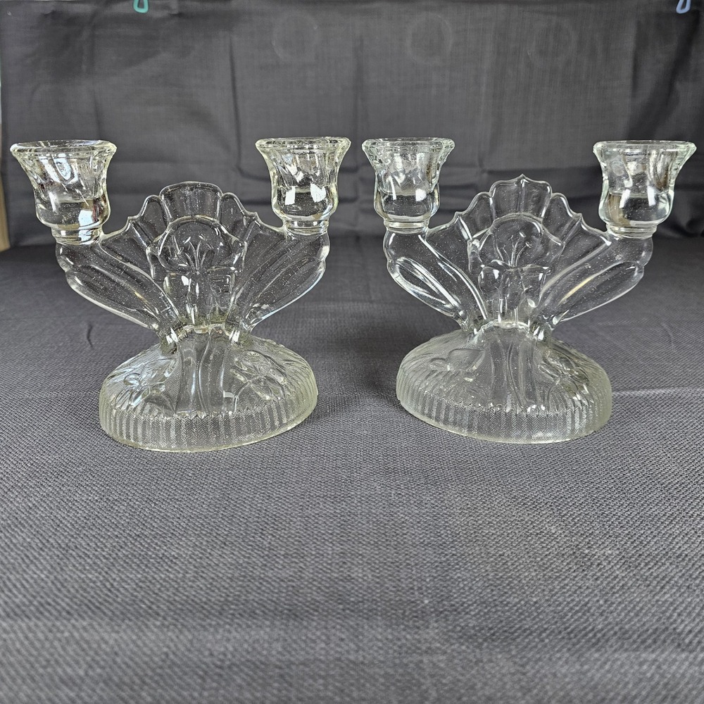 Vintage Clear Glass Double Candle Holder Set Elegant Candlelabra Decor